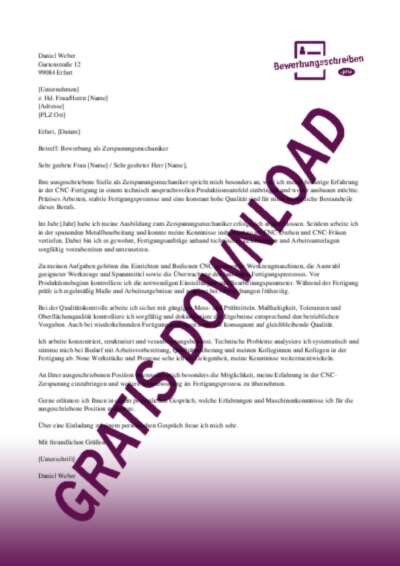 Bewerbung als Zerspanungsmechaniker oder Zerspanungsmechanikerin